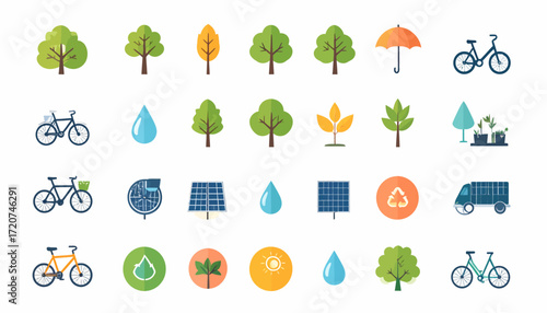 Vibrant set of flat design icons illustrating environmental protection, sustainability, green energy, nature conservation, and eco-friendly living concepts
