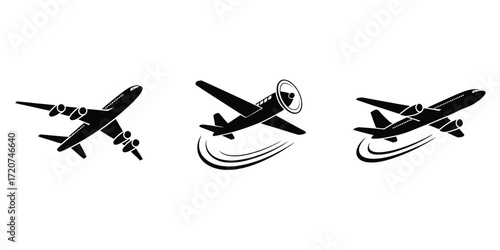 Professional Minimalist Airplane Trio Logo Concept,  Black Silhouette Design with Velocity Lines, Altitude Variance, Aviation Branding, Travel, Airline, Aerospace, Flight, and Modern Logo Vector Illus