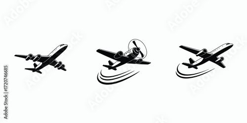 Airline Branding Logo Concept,  Minimalist Trio of Airplanes with Black Silhouette, Motion Lines, Altitude Differences, Aviation and Travel Vector Illustration for Professional Corporate Design