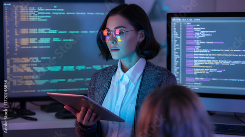 Woman with glasses holding tablet in front of computer screens displaying lines of code in a dark room