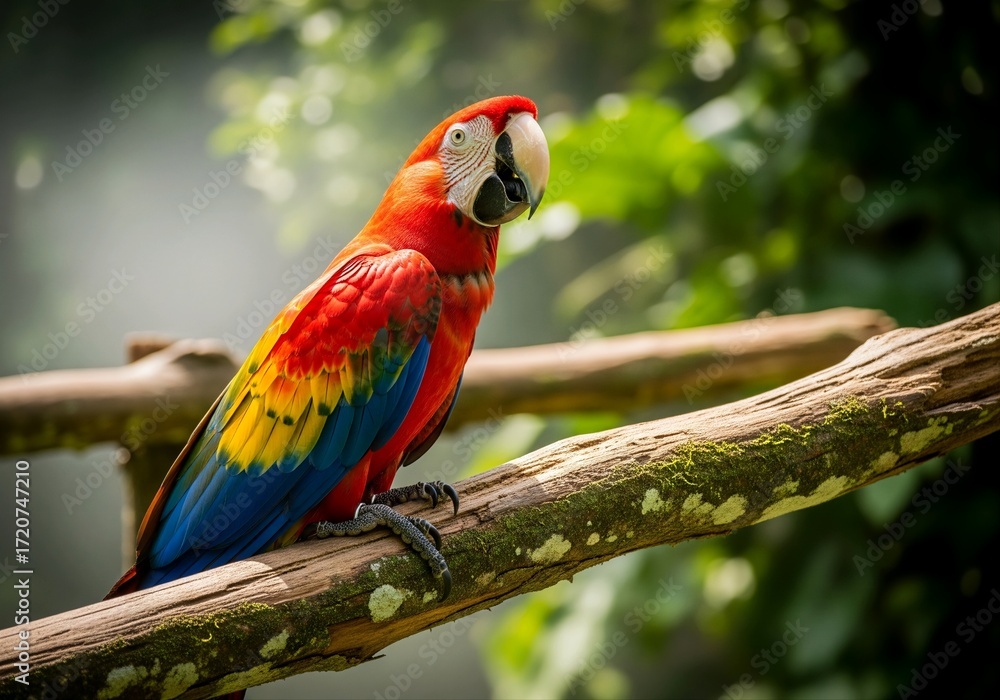 Obraz premium Scarlet Macaw Perched on a Branch in the Rainforest