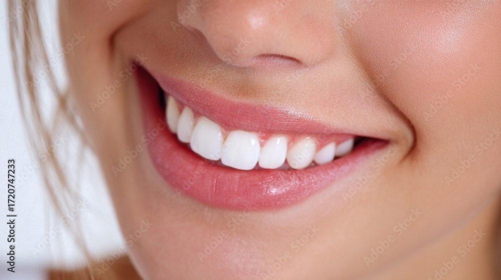 Obraz premium A close-up view of a woman smiling brightly highlighting her white teeth and healthy gums. The soft lighting emphasizes her natural beauty and joyful expression.