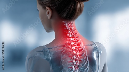 A human figure is shown from the back with a bright red light illuminating the neck and spine area. This visual suggests discomfort or pain and highlights the importance of spinal health.