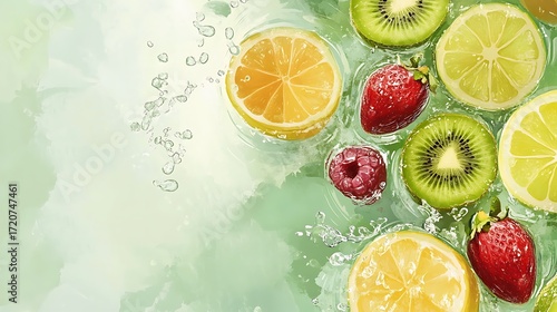 Vibrant Fresh Fruits Slices in Water, Lemon, Kiwi, Strawberry, Raspberry, Watercolor Style
