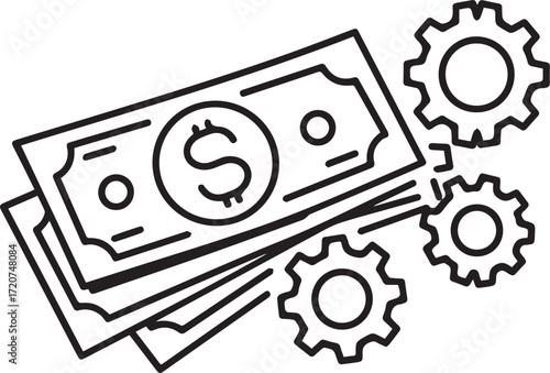Financial growth engine with gears and currency symbolizing wealth creation, business success, and economic prosperity; vector illustration for finance themes