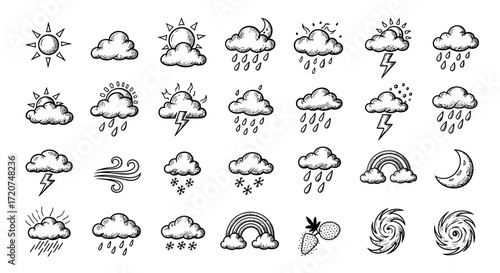 A collection of hand-drawn weather forecast icons in a black and white sketch style, depicting various meteorological conditions.