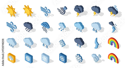 Isometric weather icons depicting various conditions, including sun, wind, rain, snow, and rainbows.