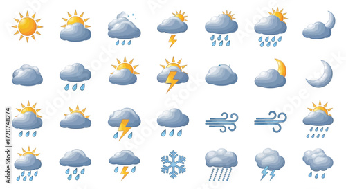 A diverse collection of weather icons representing various meteorological conditions like sun, clouds, rain, snow, wind, and storms.