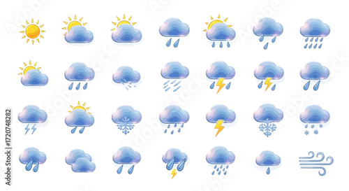 A comprehensive collection of weather icons depicting various meteorological conditions, including sunshine, clouds, rain, snow, thunderstorms, and wind.