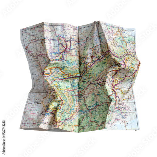 Crumpled road map, top-down view.  Folded and wrinkled paper, detailed geographic layout.  Different shades of green, beige, and brown depict regions, overlaid with roadways
