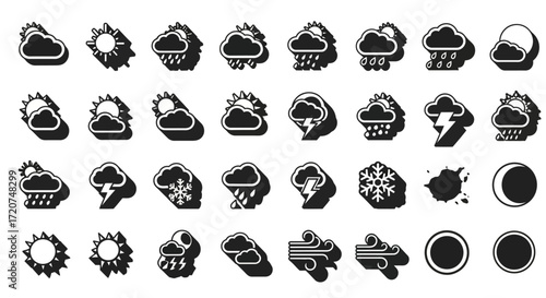 A grid of black and white weather icons depicting various atmospheric conditions and celestial bodies.