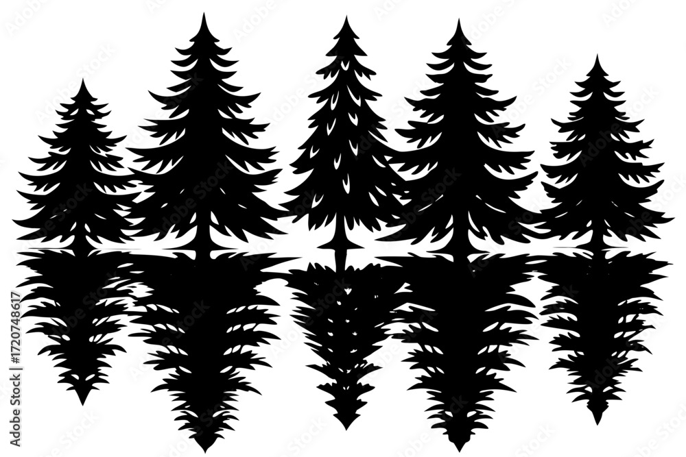 Fototapeta premium Vector art of silhouette of evergreen trees reflected in water