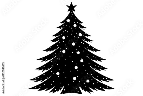 Vector art of black silhouette of a christmas tree decorated with balls