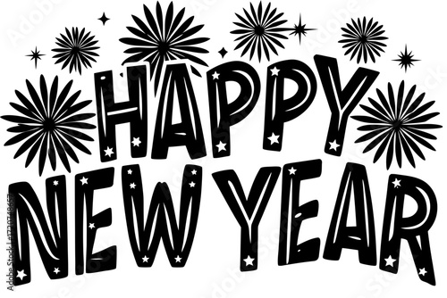 Vector art of happy new year lettering with fireworks