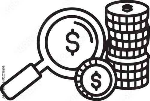 Analyze business finances with a magnifying glass over money, illustrating investment opportunity and financial growth, originally a scalable vector graphic