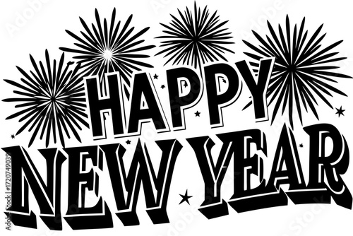 Vector art of happy new year lettering with fireworks