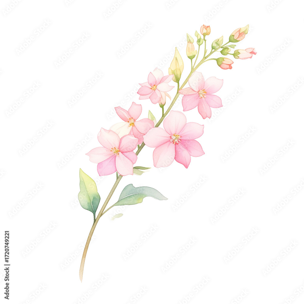 Obraz premium Delicate Blossom Watercolor Isolated On White Background: A sprig of graceful, light-pink blossoms, delicately painted in watercolor, showcasing soft petals and verdant leaves. 