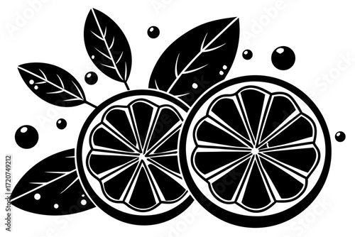 Vector art of two orange slices and leaves in line art style