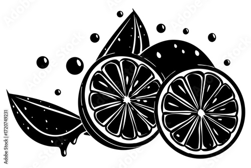 Vector art of orange slices and leaves in a line art style