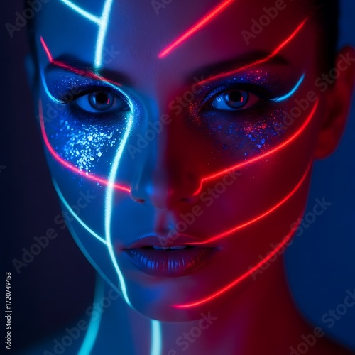 Close-up portrait of a woman with vibrant neon makeup designs, showcasing a captivating blend of red and blue light on her face, creating a striking and futuristic aesthetic.