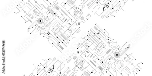 Circuit. Computer motherboard, microchip electronic technology. Hardware circuits board line vector texture. High tech pc processor abstract background with lines and dots illustration. 