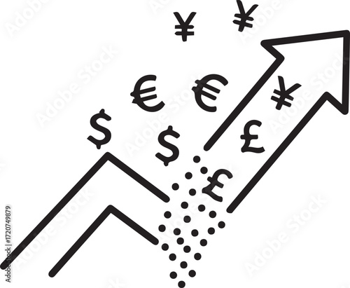 Dynamic financial growth showing rising global currencies, a modern icon representing market success and investment gains, scalable vector graphic