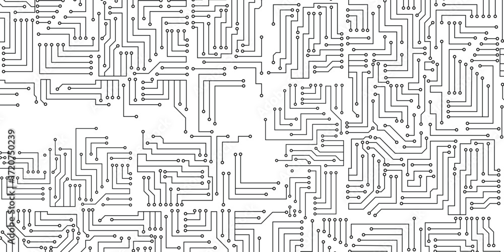 Fototapeta premium Electronics board. Circuit board electronic hi tech pattern. Vector abstract computer chip. Black monochrome background. Seamless circuit board. Vector art