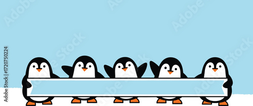 Penguin banner template cute cartoon penguins holding sign illustration