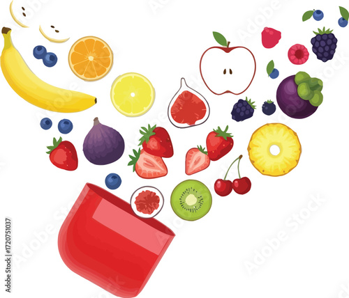 Multivitamin capsule with fresh fruits on a white plain background