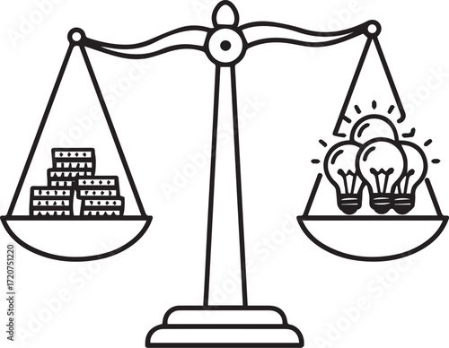 Balancing financial investments with innovative ideas for sustainable growth, showcasing equilibrium between economy and creative solutions