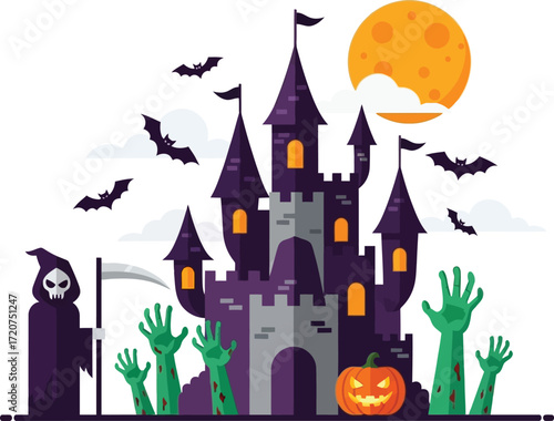 Halloween night haunted castle with grim reaper and zombie hands vector