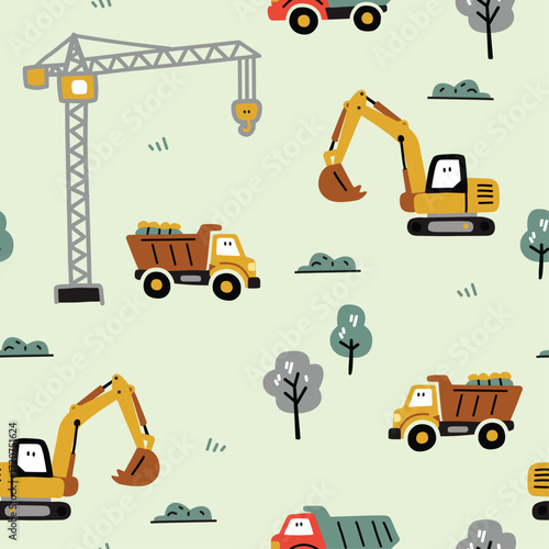Funny Digger and Construction Trucks Vector Pattern