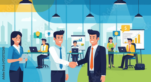 Business colleagues shaking hands in a modern office setting, symbolizing collaboration and partnership.