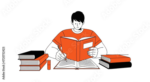 Focused young man diligently studying, engrossed in textbook, surrounded by books.