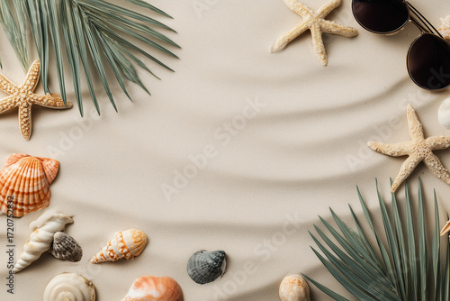Summer flat lay with various beach themed items are arranged on sand background. Copy space for holiday design and travel promotion or summer sale.
