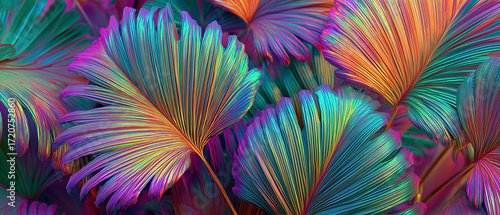 Close-up of tropical palm leaves with vibrant neon gradient colors, showcasing an iridescent and futuristic look. Perfect for modern design