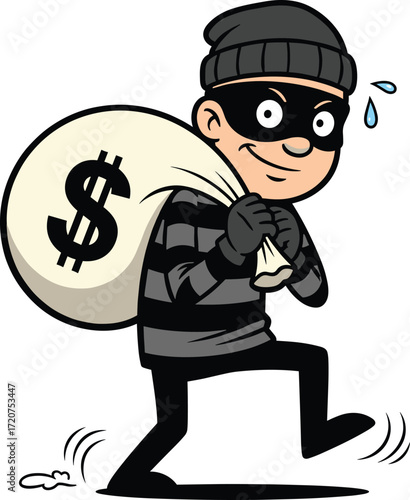 Cartoon burglar sneaking with money sack, striped shirt, black mask, mischievous smile, theft concept vector for crime-themed illustration