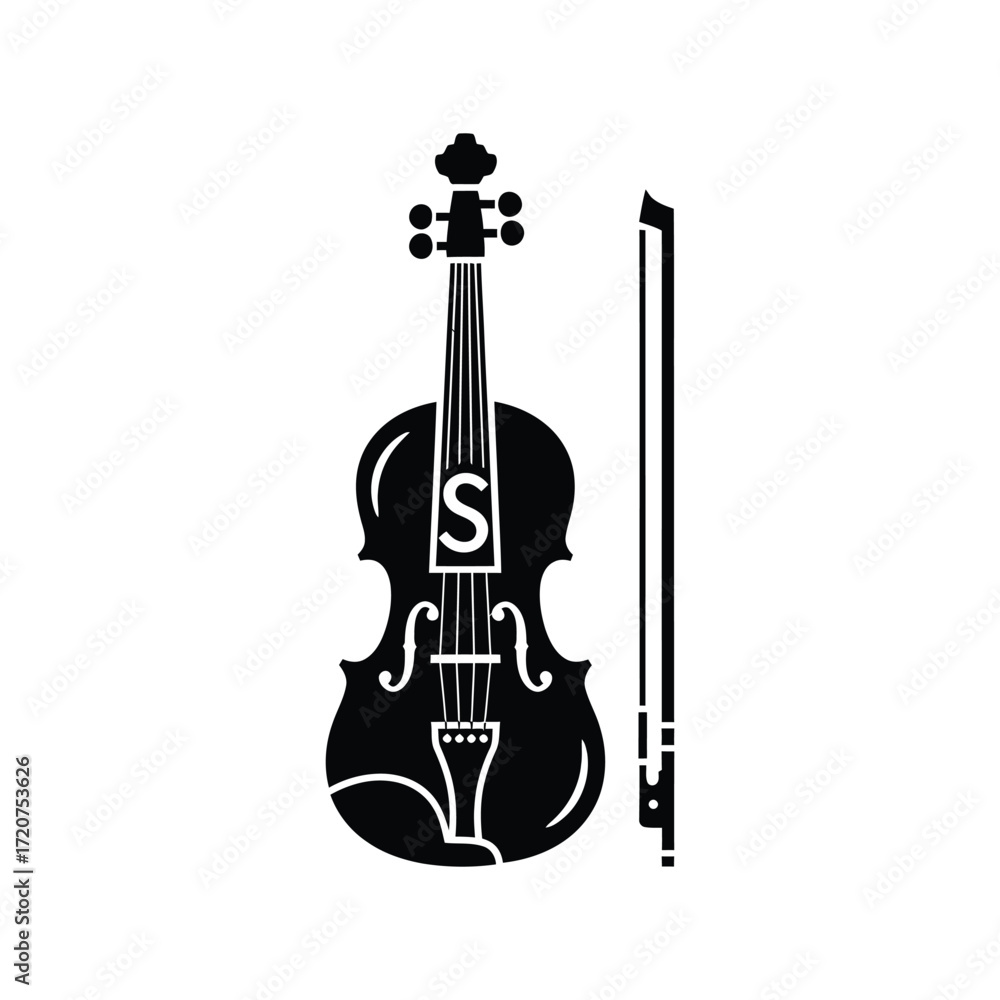 Naklejka premium Stylized silhouette violin and bow musical instrument classical performance art vector