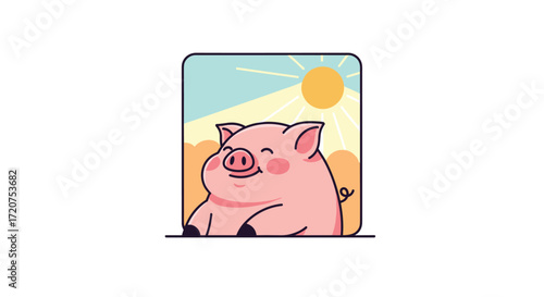 A happy pig enjoying a sunny day outdoors in a cute cartoon style.