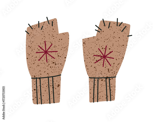 Knitted wool fingerless gloves with embroidered snowflakes. Flat cartoon vector illustration of cozy winter clothing, Christmas accessory, festive handmade apparel for holiday season