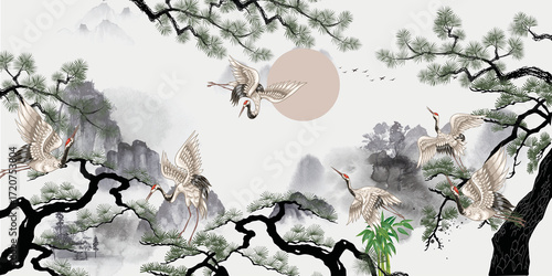 Wallpaper Mural Chinoiserie vector illustration of an abstract background with heron art Torontodigital.ca