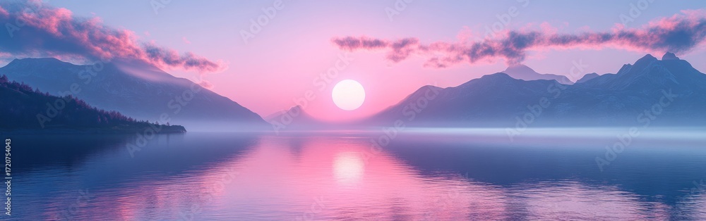 Naklejka premium Pink Sunset Over Still Water With Misty Mountains