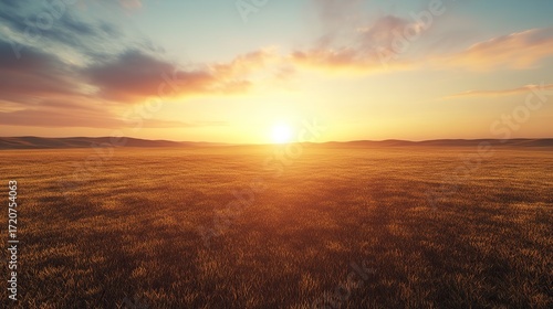 a golden wheat field at sunset, glowing sunlight casting long shadows, sun low on the horizon,