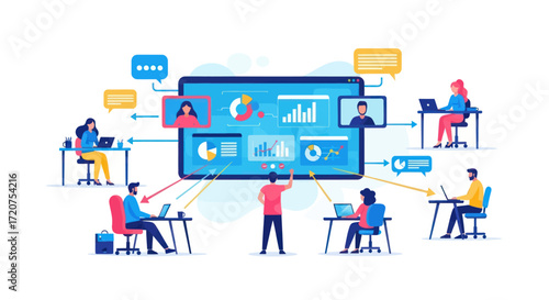 Diverse team collaborating remotely via a large digital interface, displaying data and video conferencing.