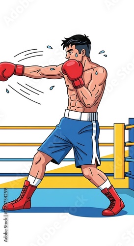 A muscular boxer in action, delivering a powerful punch in a boxing ring, featuring vibrant colors and dynamic lines.