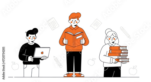 Three students engaged in various academic activities, including reading, studying, and using a laptop.