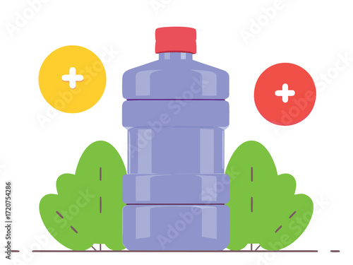 Large purple water bottle with red cap flanked by green bushes and circular plus signs large container