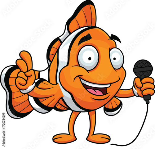 Cartoon clownfish performing with microphone, peace sign gesture, expressive face, orange stripes, entertainment character vector for marine comedy theme 