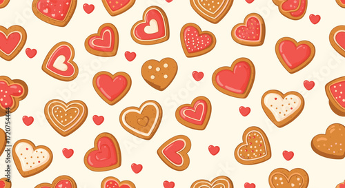 A charming background pattern of various heart shaped cookies adorned with sweet icing and sprinkles.