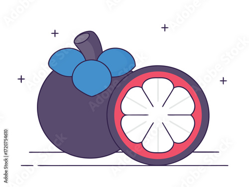 Whole and sliced mangosteen fruit with blue leaves and purple rind tropical